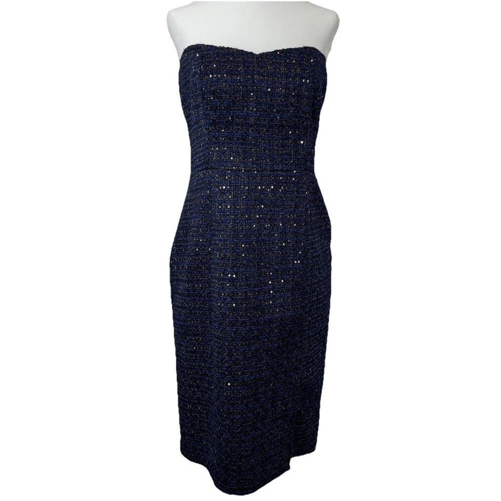 White House Black Market Sequin Tweed Dress Sleeveless Midi Party Holiday Blue-8